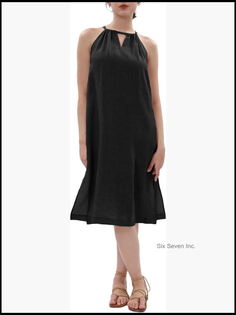 100% Linen Sleeveless Halter Midi Dress With Pockets